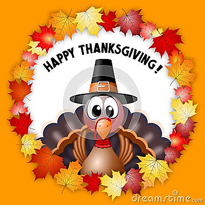 Happy Thanksgiving - funny cartoon turkey illustration, leaves Cartoon Illustration