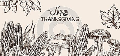 Happy Thanksgiving card line art Vector. Corn autumn harvest illustrations Cartoon Illustration