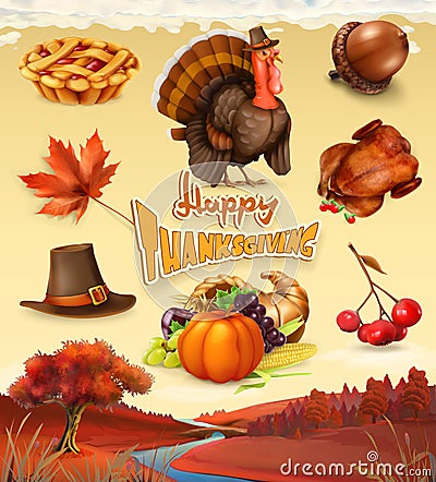 Happy Thanksgiving cartoon character and objects. 3d vector icon set Vector Illustration