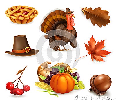 Happy Thanksgiving cartoon character and objects. Vector icon set Vector Illustration