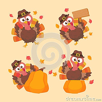 happy thanksgiving cartoon turkey cute and pumpkin in the autumn Vector Illustration