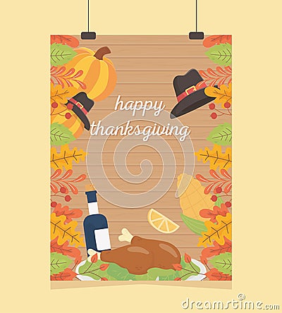 Happy thanksgiving celebration poster hanging baked turkey wine corn pumpkin foliage Vector Illustration