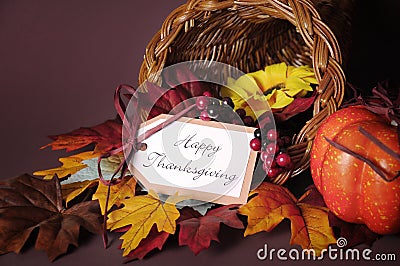 Happy Thanksgiving cornucopia wicker basket closeup Stock Photo