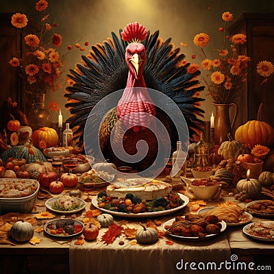 Happy Thanksgiving Day! Autumn feast. Family sitting at the table and celebrating holiday. Traditional dinner Stock Photo