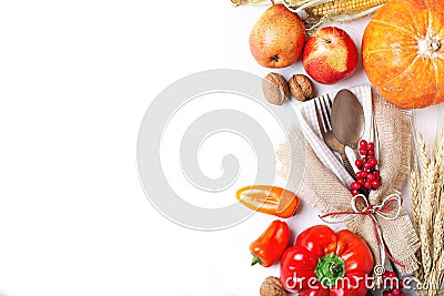 Happy Thanksgiving Day background, table decorated with Pumpkins, Maize, fruits and autumn leaves. Harvest festival. The Stock Photo