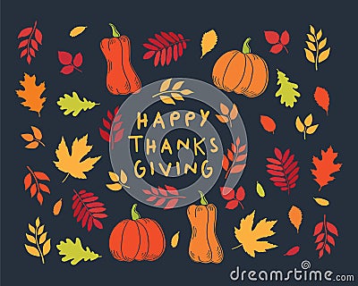 Happy Thanksgiving Day card. Background with autumn leaves and pumpkins. Vector Illustration