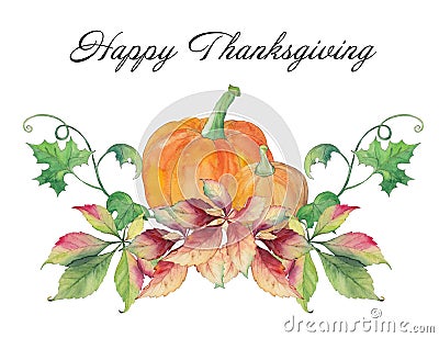 Happy Thanksgiving Day card with pumpkins and autumn leaves. Stock Photo