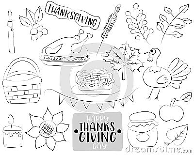 Happy Thanksgiving day cartoon icons and objects set. Black and white outline coloring page. Hand drawn kids game Vector Illustration