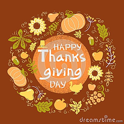 Happy Thanksgiving day color card. Vector Beautiful handwritten Illustration Autumn round frame with text Stock Photo