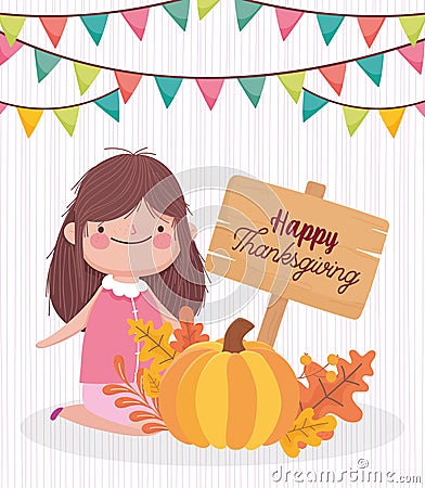 Happy thanksgiving day cute girl pumpkin and wooden sign Vector Illustration