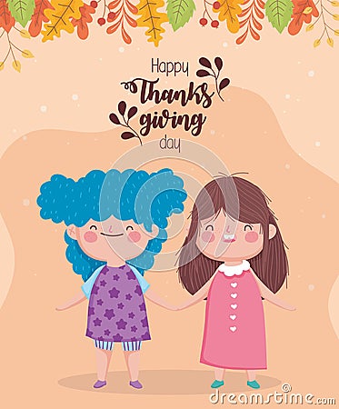 Happy thanksgiving day cute little girls holding hands leaves Vector Illustration