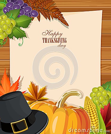 Happy Thanksgiving Day greeting card with pumpkins, pilgrim hat, letter and turkey Vector Illustration