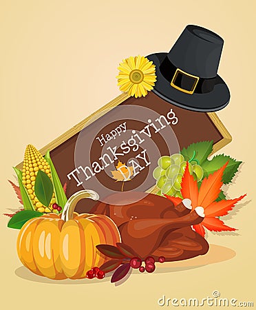 Happy Thanksgiving Day greeting card with pumpkins, pilgrim hat and turkey Vector Illustration