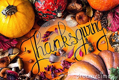 Happy Thanksgiving Day holiday background postcard concept cornucopia full harvest fruit vegetable Hand drawn greeting card autumn Stock Photo