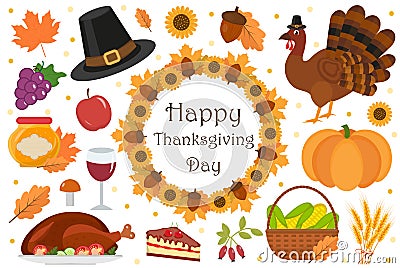 Happy Thanksgiving Day icon set, flat, cartoon style. Harvest festival collection design elements with turkey, pumpkin Vector Illustration