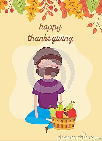 Happy thanksgiving day man sitting with basket filled fruits Vector Illustration