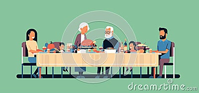 Happy thanksgiving day multi generation family sitting table celebrating thanks day holiday traditional dinner concept Vector Illustration