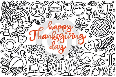 Happy thanksgiving day poster with greetings lettering and doodle illustration of celebration dinner, turkey, autumn Vector Illustration