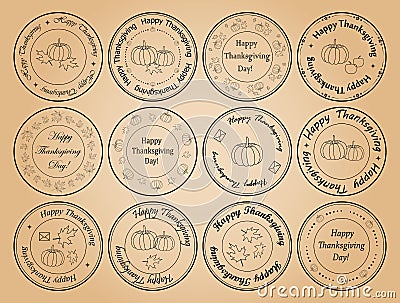 Happy thanksgiving day - round vector postage stamps with leaves Vector Illustration