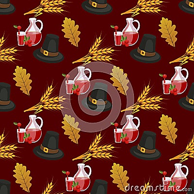 Happy Thanksgiving Day seamless pattern with holiday objects in flat style. Vector Illustration