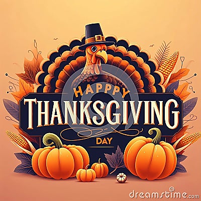 Happy Thanksgiving Day typography creative card. turkey bird with pumpkins and corn Thanksgiving design Stock Photo