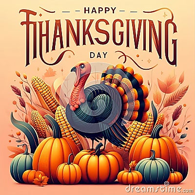 Happy Thanksgiving Day typography creative card. turkey bird with pumpkins and corn Thanksgiving design Stock Photo