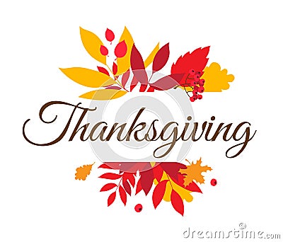 Happy Thanksgiving Day typography lettering poster. Autumn fall leaves berries Vector Illustration