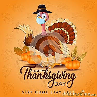 Happy thanksgiving day typography. turkey bird with pumpkins and corn Thanksgiving design use for prints,flyers,banners, Vector Illustration