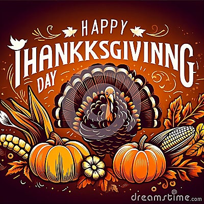 Happy Thanksgiving Day typography. turkey bird with pumpkins and corn Thanksgiving design Stock Photo