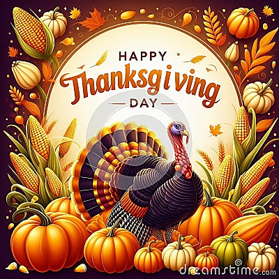 Happy Thanksgiving Day typography. turkey bird with pumpkins and corn Thanksgiving design use for prints Stock Photo