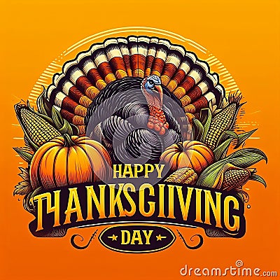 Happy Thanksgiving Day typography. turkey bird with pumpkins and corn Thanksgiving design Stock Photo
