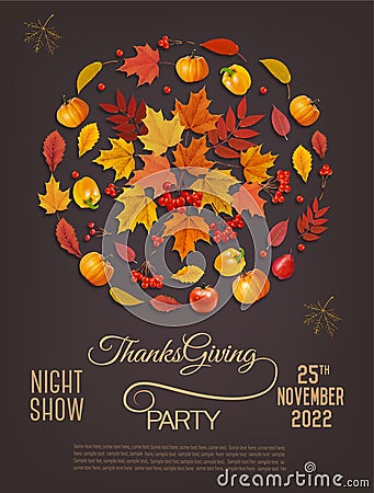 Happy Thanksgiving Flyer with colorful leaves, pumpkins and fresh fruit Vector Illustration