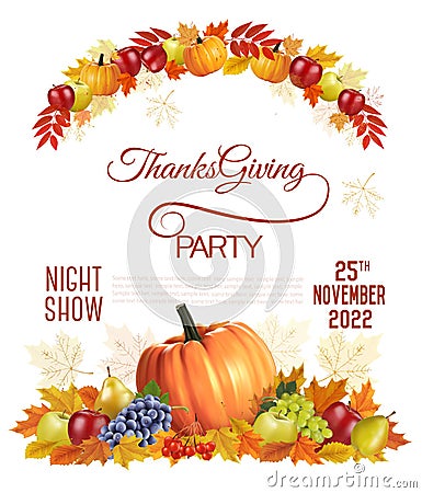 Happy Thanksgiving Flyer with colorful leaves, pumpkins and fresh fruit Vector Illustration