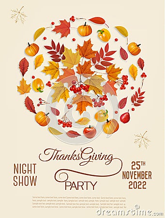 Happy Thanksgiving Flyer with colorful leaves, pumpkins and fresh fruit Vector Illustration