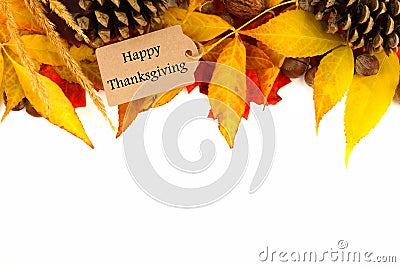 Happy Thanksgiving gift tag with colorful leaves border over white Stock Photo