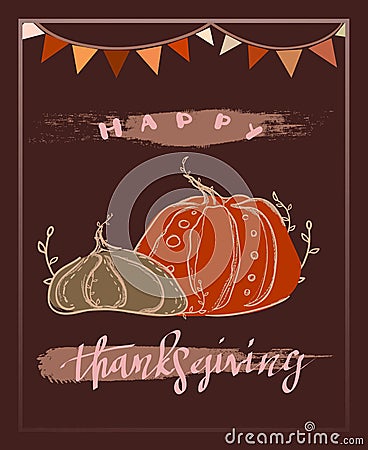 Happy thanksgiving greeting card with illustration of line style drawn pumpkins and handwritten lettering Vector Illustration