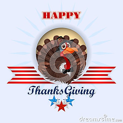 Happy Thanksgiving, message and cartoon turkey wearing a farmer hat and bow-tie Vector Illustration