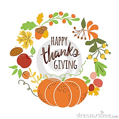 Happy Thanksgiving Pumpkin wreath Text for Thanksgiving day autumn leaves Fall banner Cartoon Illustration