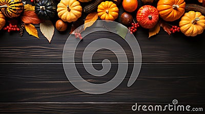 Happy Thanksgiving. Pumpkins with fruits and falling leaves on black rustic wooden table Stock Photo