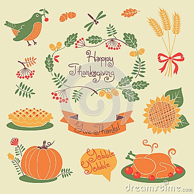 Happy Thanksgiving set of elements for design. Vector Illustration