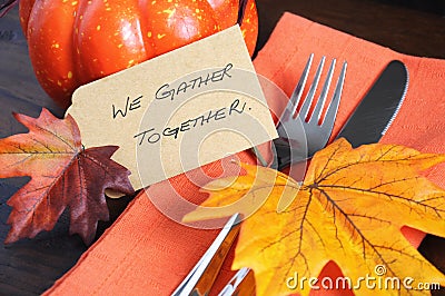 Happy Thanksgiving table place setting - orange theme closeup Stock Photo