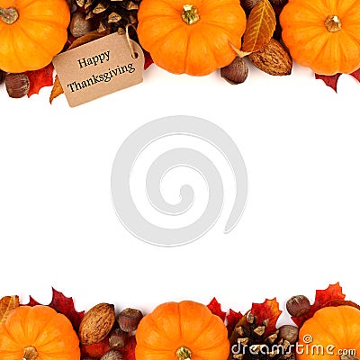 Happy Thanksgiving tag with autumn double border over white Stock Photo