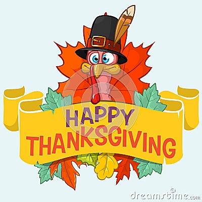 Happy thanksgiving turkey with autumn leaves Vector Illustration