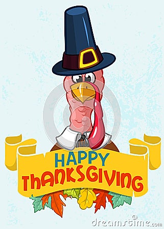 Happy thanksgiving turkey in pilgrim hat with autumn leaves Vector Illustration