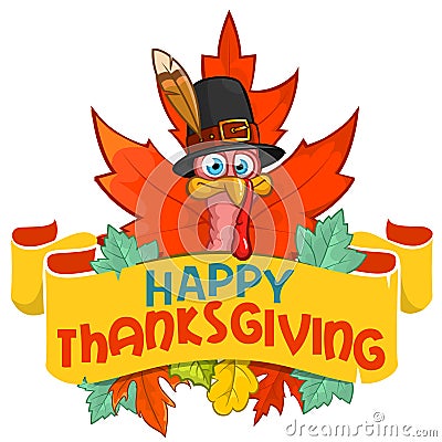 Happy thanksgiving turkey in pilgrim hat with autumn leaves Vector Illustration