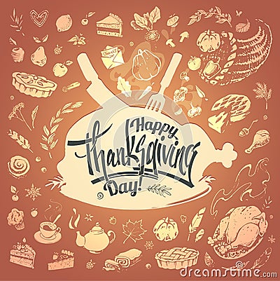 Happy Thanksgiving card with hand drawn food icons Vector Illustration