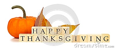 Happy Thanksgiving wooden blocks autumn decor over white Stock Photo