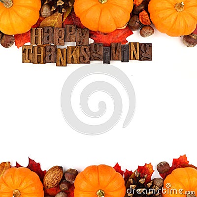 Happy Thanksgiving wooden letters with autumn double border over white Stock Photo