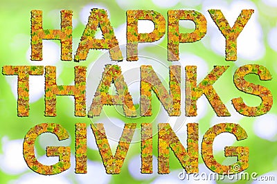 Happy Thanksgiving written with words made of leaves and green Stock Photo