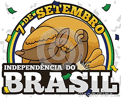 Happy Three-Banded Armadillo Celebrating Brazil Independence Day, Vector Illustration Vector Illustration